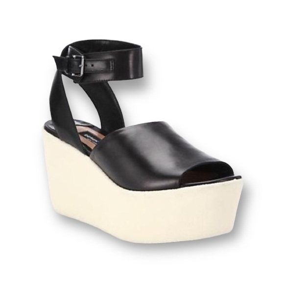 DEREK LAM FABIAN Ankle Wrap BLACK LEATHER PLATFORM WEDGE SANDALS SIZE 7 B…Goth - Picture 5 of 15